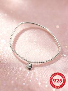 1pc S925 Sterling Silver Minimalist Ins Cold Style Round Bead & Tube Elastic Bracelet, Korean Exquisite Personalized Fashion Versatile Cool High-End Elegant Accessory, Birthday Gift For Best Friend, Party Favor - Round Beads - View 7