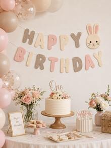 1pc Felt Happy Birthday Banner, Rabbit Letter Garland, Pink & Beige Birthday Bunting, Suitable For Girls 1st Birthday, Baby Shower, Easter Party, Nursery Decor, Dessert Table Backdrop - E - View 2