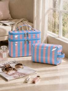 Striped Travel Makeup Bag Set, Fashionable Double Layer Design Cosmetic Organizer, Large Capacity Essentials And Daily Travel Storage Bag - Multicolor - View 16
