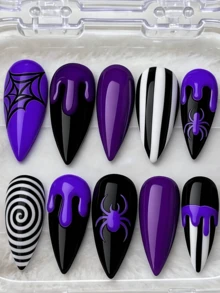 10片裝萬聖節螢光綠蜘蛛圖案假指甲，Y2K風格杏仁形美甲用品 - 紫色 - 查看 7