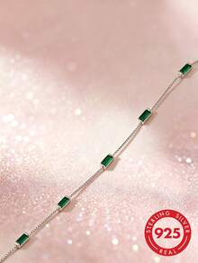 1pc S925 Sterling Silver Minimalist Ins Cold Style Elegant Green Geometric Square Diamond Bracelet, Fashionable Luxury Niche Exquisite Personalized High-End Square Green Diamond Box Chain, Versatile Jewelry Holiday Gift - Square - View 10