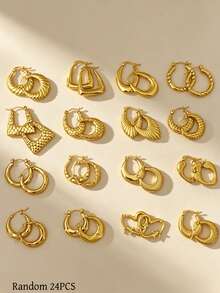 12 Pairs High-Quality 304 Stainless Steel Gold-Plated Rings & Earrings, Hypoallergenic, Anti-Oxidation, Fade-Resistant. Various Styles Including Double Layer, Square, Twisted, Textured And Chain Designs. Lightweight Vintage Minimalist Design, Suitable For Women's Daily Wear, Parties And Special Occasions. Also Suitable For Sensitive Skin. - Multicolor - View 10