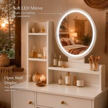 Vanity Desk With Round Mirror, Drawer & Storage Cabinet, Vanity Table With LED Lighted Mirror,Small Space Makeup Table For Bedroom, Mother's Day Gift For Women,The Perfect Gift For Your Girlfriend - White - View 4