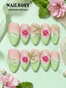 NAILROSY 粉綠金櫻花裝飾 10片杏仁形 3D雕花浮雕手工穿戴甲 純白色 婚禮儀式新娘必備 - 彩色 - 查看 1