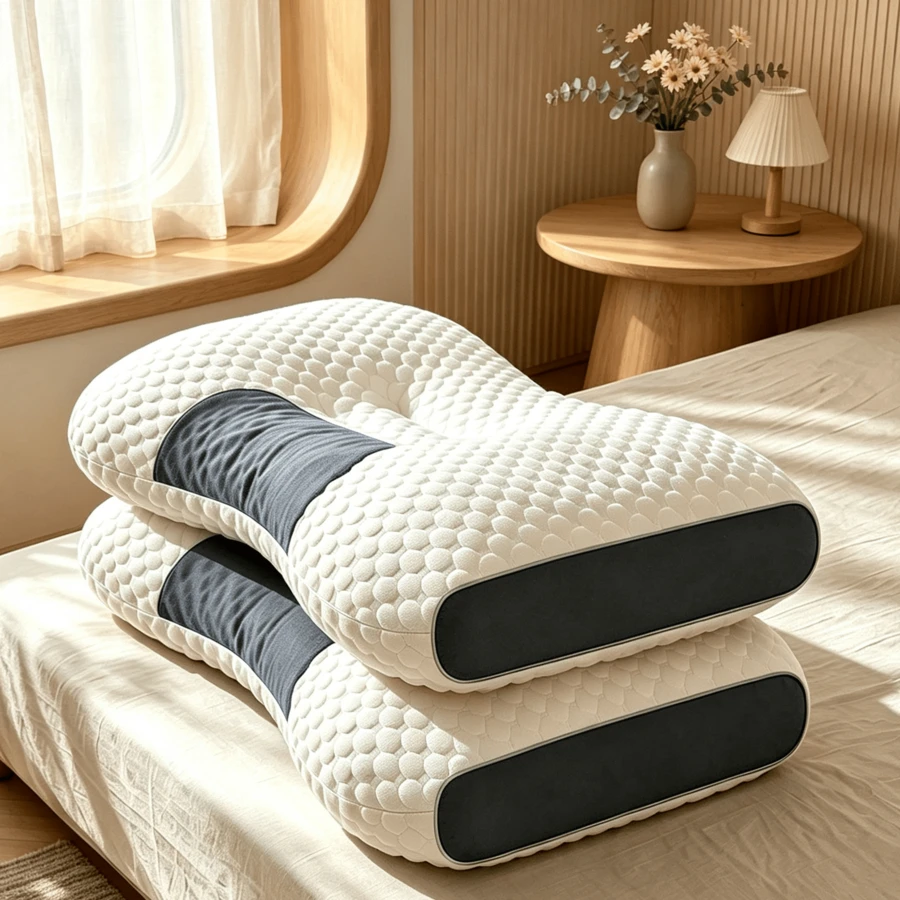 Almohada ergonómica con zonas de soporte para cuello, almohada especial para aliviar dolores cervicales, se adapta perfectamente al cuello y hombros para dormir mejor y relajarte, núcleo viscoelástico que libera la presión y no se deforma con el uso prolongado - Blanco - Ver 1