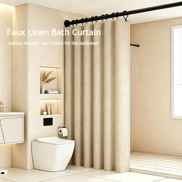 1pc Thickened Waterproof Shower Curtain, Beige Faux Linen Shower Curtain With Metal Hooks - Thick, Quick Dry Fabric Bathroom Privacy And Decor