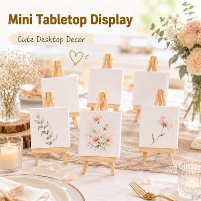 12pcs Mini Canvas And Easel Set, 6 Wooden Easels 8x15cm/3.15x5.91in + 6 Square Stretched Canvases 7.5x7.5cm/2.95x2.95in, 0.8cm Thick Blank Canvas, Suitable For Acrylic, Oil, Watercolor DIY Art Crafts