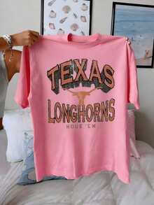 Texas Longhorns Graphic Showcasing The Iconic Longhorn Silhouette With Vintage Distressed Lettering, Tee For The Ultimate Fan ,Vacation Outfits Women - 粉色 - 查看 14