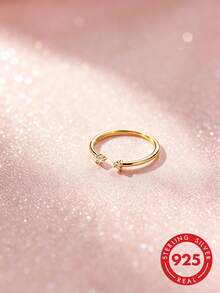 1pc S925 Sterling Silver Minimalist Plain Band Open Ring With Rhinestones, Korean Ins Cold Style, Fashionable Unique Niche Design, Adjustable Line Joint Ring, Sweet Fresh Versatile Elegant, Stackable Delicate Small Index Finger Ring, Pinky Ring - Diamond - View 9