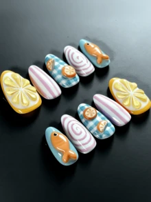 10pcs 3D Fish & Lemon Pattern Press-On Nails, Y2K Style Almond Shape Summer Nail Art Stickers - Baby Blue - View 3