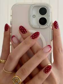 24 pièces Ongles à coller à pois blancs et rouges, faux ongles français courts de forme ovale, set de manucure nail art comprenant 1 pièce feuille de languettes adhésives et 1 pièce lime à ongles, convient pour un port quotidien - Multicolore - Voir 1