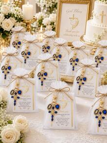 20 Sets Christian Baptism Favors, Elegant Rhinestone Cross Keychain With Virgin Mary Pendant, Prayer Thank You Cards And Organza Bags, First Communion Baptism Return Gift Set, Christian Baby Party Supplies, Back To School Party, Party Supplies - Blue - View 1