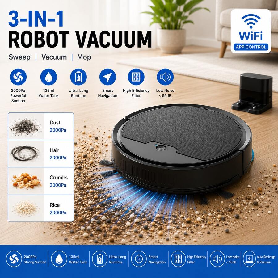 Robot Vacuum Cleaner, 2000Pa Super-Strong Suction, Deep Cleaning Robotic Vacuum Cleaner With 3000mAh Battery, Sweeping & Mopping, Ideal For Pet Hair, Hard Floor And Low Pile Carpet