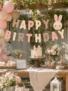 1pc Felt Happy Birthday Banner, Rabbit Letter Garland, Pink & Beige Birthday Bunting, Suitable For Girls 1st Birthday, Baby Shower, Easter Party, Nursery Decor, Dessert Table Backdrop - E - View 1