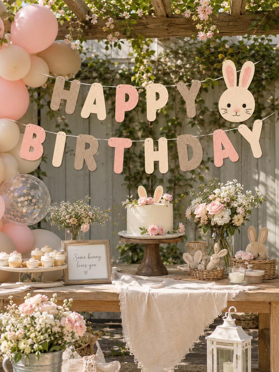 1pc Felt Happy Birthday Banner, Rabbit Letter Garland, Pink & Beige Birthday Bunting, Suitable For Girls 1st Birthday, Baby Shower, Easter Party, Nursery Decor, Dessert Table Backdrop - E - View 1