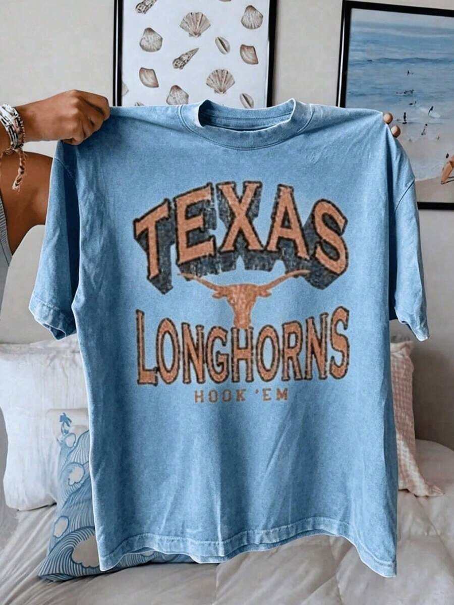 Texas Longhorns Graphic Showcasing The Iconic Longhorn Silhouette With Vintage Distressed Lettering, Tee For The Ultimate Fan ,Vacation Outfits Women - 水洗天空藍 - 查看 1