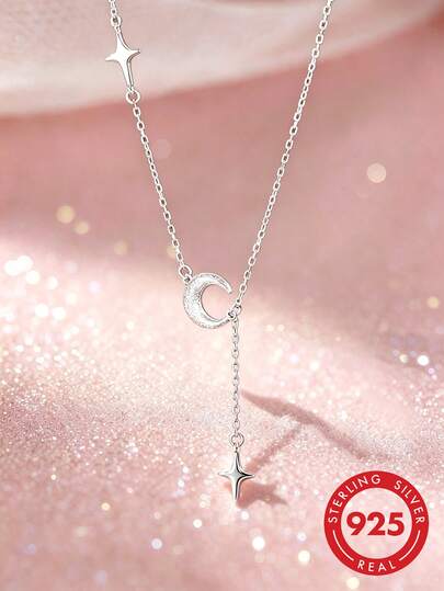 1pc S925 Sterling Silver Minimalist Dreamy Sweet Star & Moon Tassel Pendant Necklace, Korean Style Cute Personalized Fresh Fashion Cool Aesthetic Ins Artistic Niche Versatile Elegant Neck Accessory, Suitable For Anniversary Birthday Gift