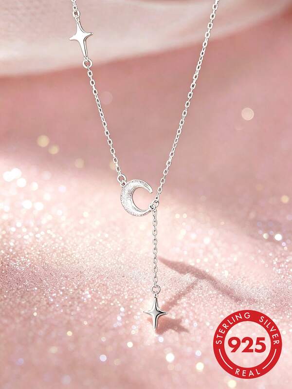 1pc S925 Sterling Silver Minimalist Dreamy Sweet Star & Moon Tassel Pendant Necklace, Korean Style Cute Personalized Fresh Fashion Cool Aesthetic Ins Artistic Niche Versatile Elegant Neck Accessory, Suitable For Anniversary Birthday Gift