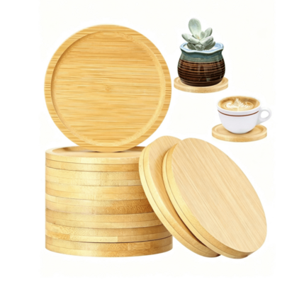 10pcs Round Coasters, Natural Wooden Beverage Coasters, Round Bamboo Tray Decor For Succulents, Suitable For Cups, Outdoor And Indoor Plant Pots, Natural Round Bamboo Coasters, Round Bamboo Tray
