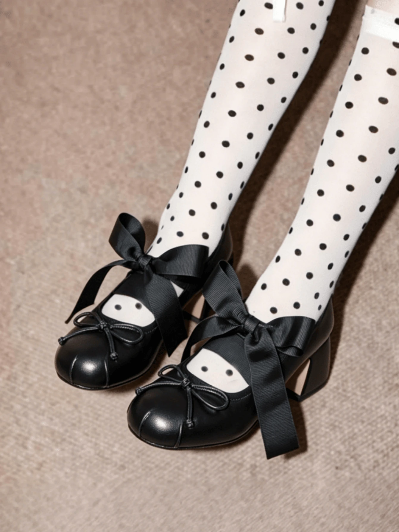 Elegant Cute Womens Ballet High Heels Round Toe Bow Decors Lace Up Block Heel Ballerina Dancing Shoes Party Dressy Occasions Heeled Shoes - 黑色 - 查看 1