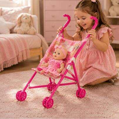 Carrinho De Boneca Dobrável Menina Brinquedo Rosa Presente Criança Passeio