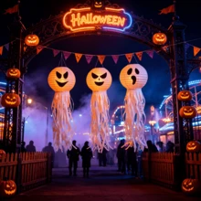 3 Buah Lampion Kertas Hantu Ubur-ubur Halloween, Ornamen Gantung Wajah Menyeramkan dan Tentakel untuk Dekorasi Pesta di Halaman dan Teras - Putih - View 2