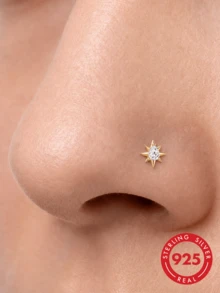1Pc 925 Sterling Silver Eight-Pointed Star CZ Nose Stud Flat Back Hypoallergenic Body Cartilage Piercing Jewelry For Women Men Daily Wear & Gifts - Gold - View 1