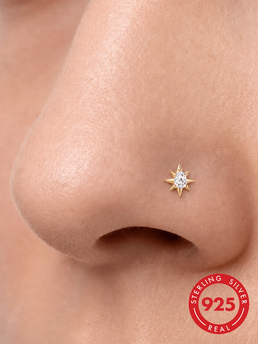 1Pc 925 Sterling Silver Eight-Pointed Star CZ Nose Stud Flat Back Hypoallergenic Body Cartilage Piercing Jewelry For Women Men Daily Wear & Gifts - Gold - View 1