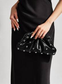 Vintage-Style Pleated Clutch With Rivet Decoration, Ruffled, Cloud-Patterned Beach Bag For Women, Fashionable Clutch Handbag With Chain Strap - Black - View 2
