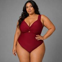 Elegant Women's Sleeveless Plus Size Swimsuit, Regular Length, One-Piece Design With A Twisted Detail At The Front And Slight Stretch For Casual Wear. - Redwood - View 6