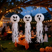 3 Buah Lampion Kertas Hantu Ubur-ubur Halloween, Ornamen Gantung Wajah Menyeramkan dan Tentakel untuk Dekorasi Pesta di Halaman dan Teras - Putih - View 4