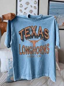 Texas Longhorns Graphic Showcasing The Iconic Longhorn Silhouette With Vintage Distressed Lettering, Tee For The Ultimate Fan ,Vacation Outfits Women - 水洗天空藍 - 查看 9