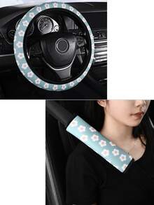 Car Steering Wheel Cover With Printed Pattern, No Inner Ring, Shoulder Pad Set, Fresh Colorful Ditsy Floral Print Car Interior Set, Sweet Girl Style, Soft And Comfortable Car Interior Accessories Set - A - View 12