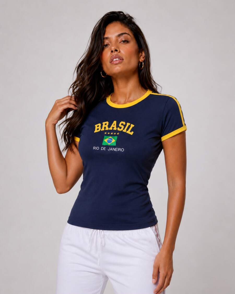 Brazil Embroidered T-Shirt – Women's - Màu xanh bụi bặm - Xem 1