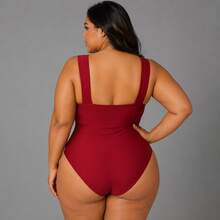 Elegant Women's Sleeveless Plus Size Swimsuit, Regular Length, One-Piece Design With A Twisted Detail At The Front And Slight Stretch For Casual Wear. - Redwood - View 2