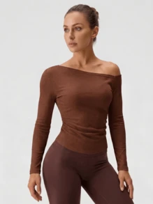 Never me Women's Solid Color Asymmetric Neck Asymmetric Neck Sports T-Shirt, Minimalist Slim Fit Elastic Diagonal Shoulder Design Yoga Wear Long Sleeve - Red Orange - View 5