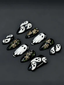 10片裝 3D 浮雕鍍金花朵與幽靈萬聖節假指甲，杏仁形 Y2K 美甲用品 - 黑與白 - 查看 2