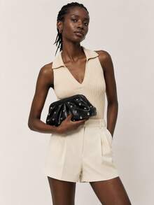 Vintage-Style Pleated Clutch With Rivet Decoration, Ruffled, Cloud-Patterned Beach Bag For Women, Fashionable Clutch Handbag With Chain Strap - Black - View 10