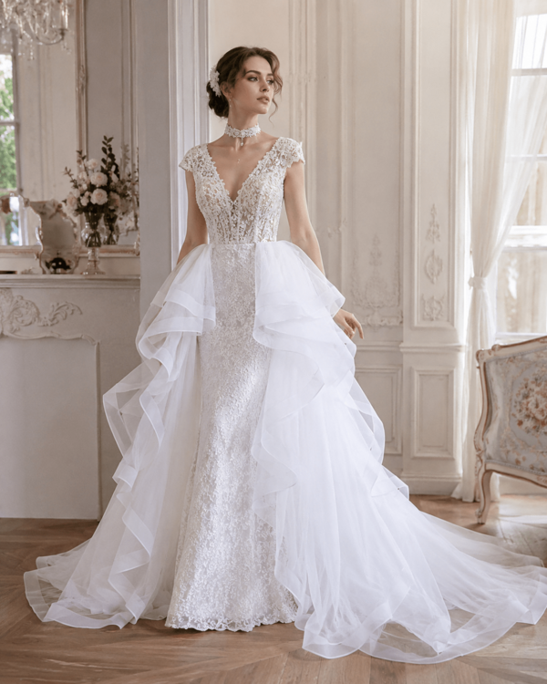 Solid White Detachable Big Ruffle Tulle Train Skirt, High Waist Floor Mesh Overlay For Fresh Lace Beach & Lawn Wedding Dress Shooting