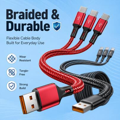3-In-1 USB-A To 3 Type-C 66W 6A Fast Charging Data Cable For Android Phones, Compatible With Samsung S25 S23 15 K70 Honor USB C Data Transfer Cable, Black