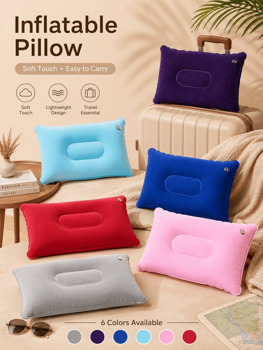 Flocked PVC Rectangular Inflatable Pillow, Multi-Color Portable Foldable Travel Cushion, Quick Inflation Soft Headrest, Suitable For Camping, Airplane, Commuting, Office Nap And Outdoor Use