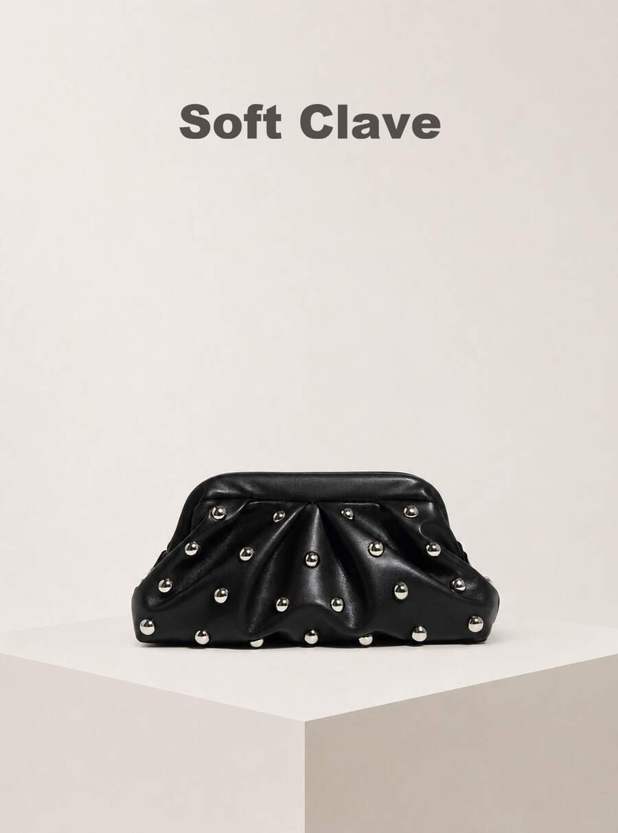 Vintage-Style Pleated Clutch With Rivet Decoration, Ruffled, Cloud-Patterned Beach Bag For Women, Fashionable Clutch Handbag With Chain Strap - Black - View 1