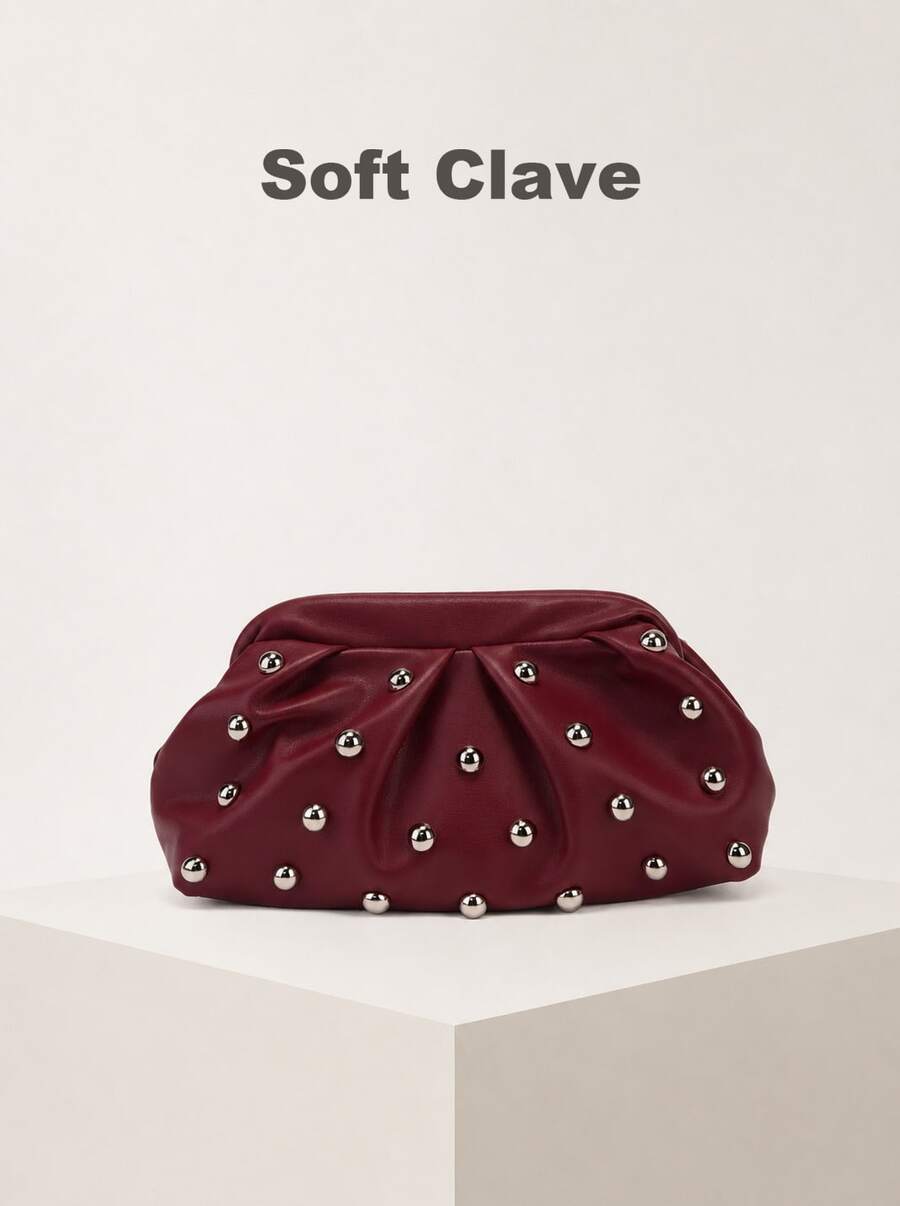 Vintage-Style Pleated Clutch With Rivet Decoration, Ruffled, Cloud-Patterned Beach Bag For Women, Fashionable Clutch Handbag With Chain Strap - 酒紅色 - 查看 1