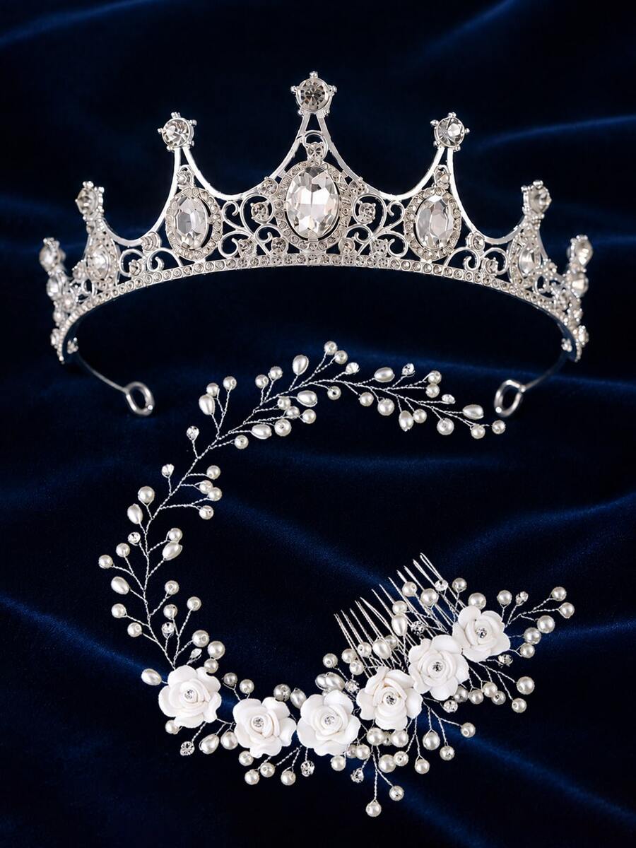 1/2pcs Silver Rhinestone Tiara & White Flower Pearl Hair Comb Set, Bridal Wedding Prom Birthday Party Princess Hair Accessories - Multicolor - View 1