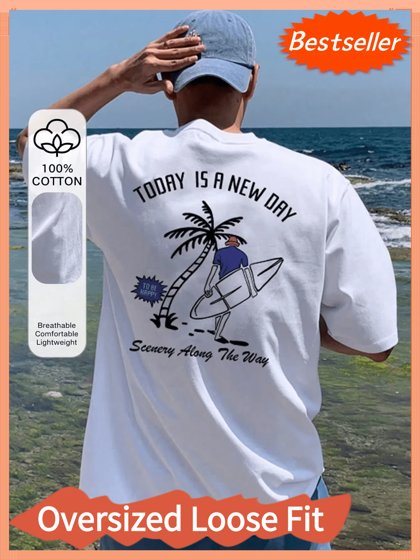 Herren Lässig Sommer T-Shirt, Muster mit Strand- und Surfmotive, Urlaubsmotiv T-Shirt, Herren Sommerbekleidung - Weiss - Übersicht 1