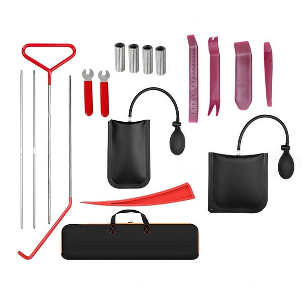 18pcs Universal Car Emergency Tool Set, Includes Long Hook, Pry Bar, Air Pump, Wrench, Screws, Etc. This Best-Selling Manual Tool Set Is Specifically Designed For Car Door Repair, Including Emergency Tool Set, Portable Car Door Opening Tool Set And Car Lock Picking Tool Set. Suitable For Sedans, Trucks And SUVs.