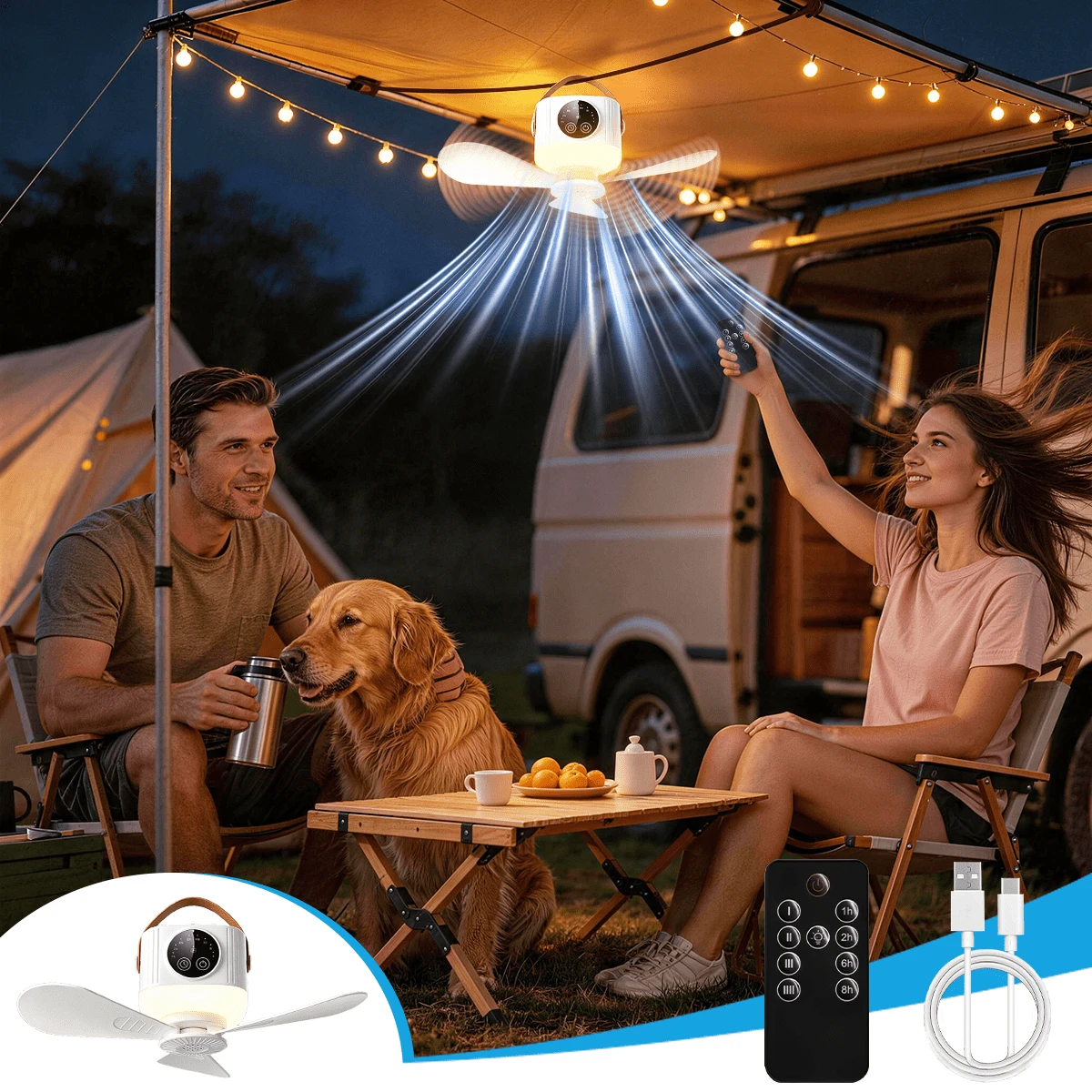A Portable USB Charging Hanging Fan With Built-In Light,Featuring 4-Speed Wind Adjustment And 3-Level Brightness Regulation, Remote Control And Timing Functions. It Is Suitable For Camping Tents, Dormitories, Bedrooms, Gazebos And Travel. - USB + With Remote Control - View 1