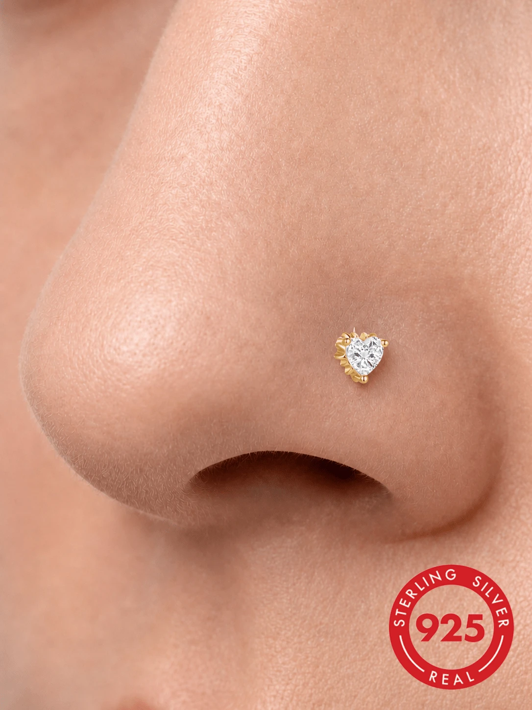 1Pc 925 Sterling Silver Cute Heart CZ Nose Stud Flat Back Hypoallergenic Body Cartilage Piercing Jewelry For Women Men Daily Wear & Gifts - Gold - View 1