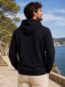 Men's Minimalist Paris Letter Red White Blue Striped Print Sweatshirt, Long Sleeve Drawstring Pocket Casual Sports Sweatshirt - Black - View 3