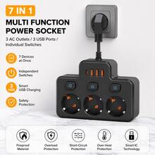 歐標壁掛式電源插座，3個AC插孔、3個USB接口與1個Type C接口，2500W，開關控制，黑色/白色，短線柔性設計，防彎折，適用於各種複雜狹小環境，單大間距防止纏繞 - 查看 5